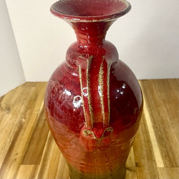 Hand Crafted Signed Pottery Pitcher Vase Red Glossy Glaze Curved Handle 11” Tall - Picture 3 of 8